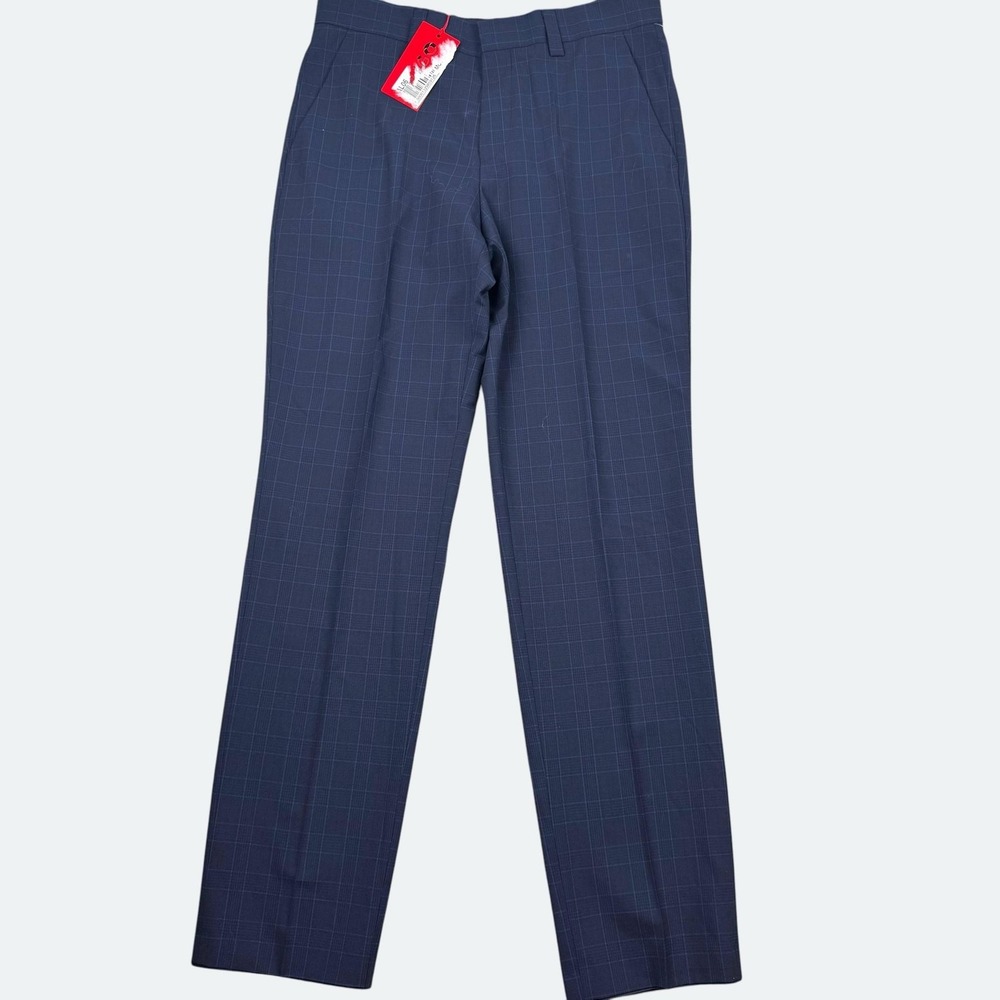 HUGO Pants Mens 30x32 Blue Check Wool Blend Dress Stretch Straight Tom224X Lined